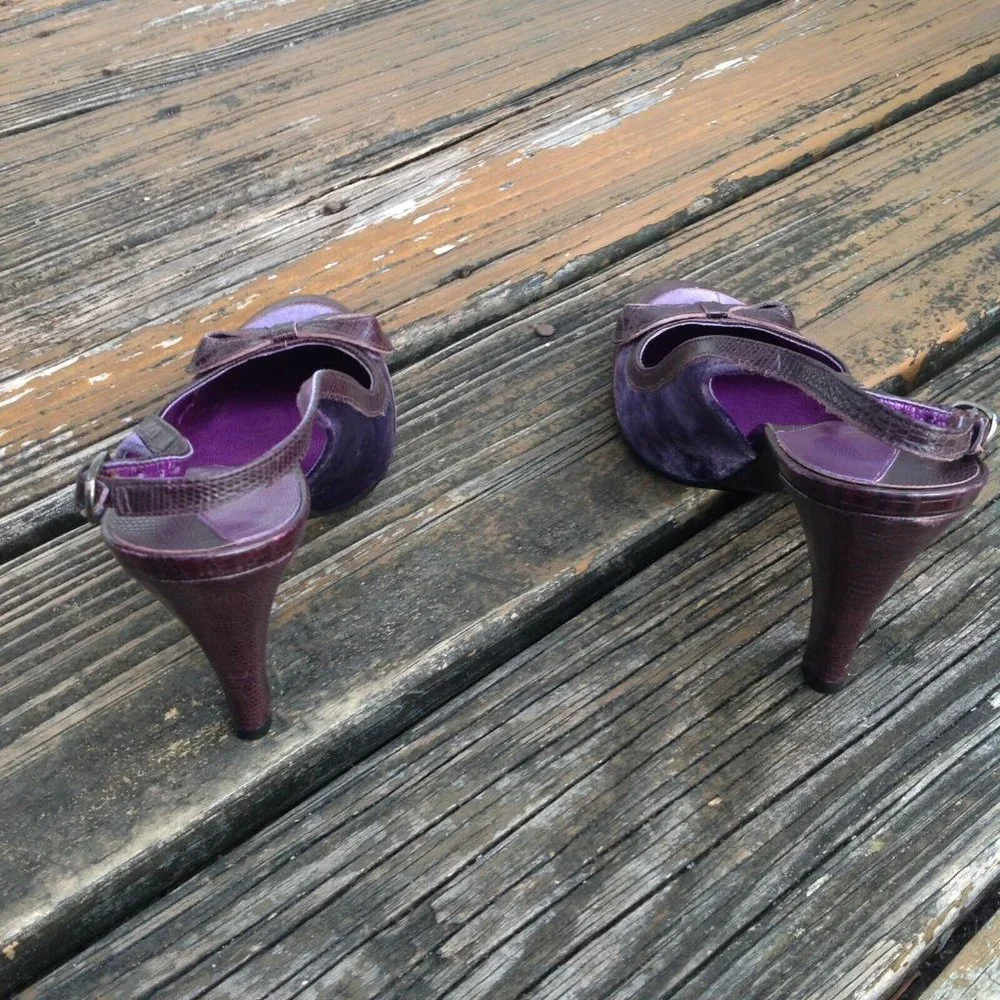 Gianni Bini Purple Leather Velvet Heels Size 7.5 SlingBack Round Toe Bow Shoes